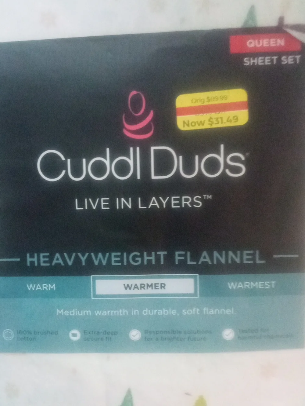 Cuddl Duds Heavyweight Flannel Queen Sheet Set NWT $90 White with Winter Print